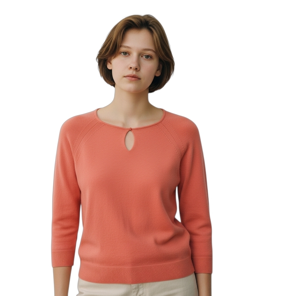Ann Taylor Loft Coral Orange 3/4 Sleeve Top Keyhole Neck Size Small